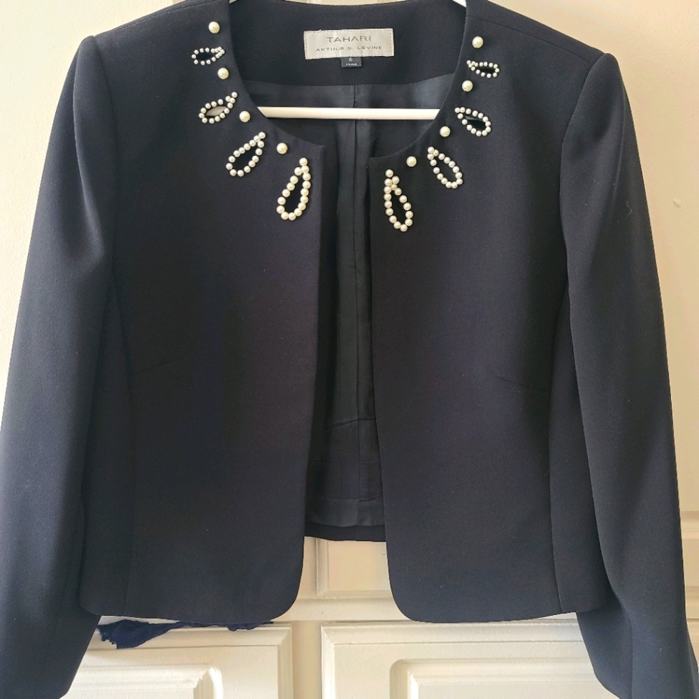 Tahari ASL Beaded Neckline Open Blazer